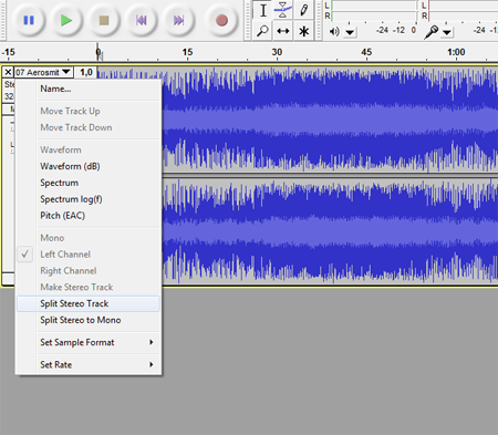 A screenshot of audacity where you split the stereo track